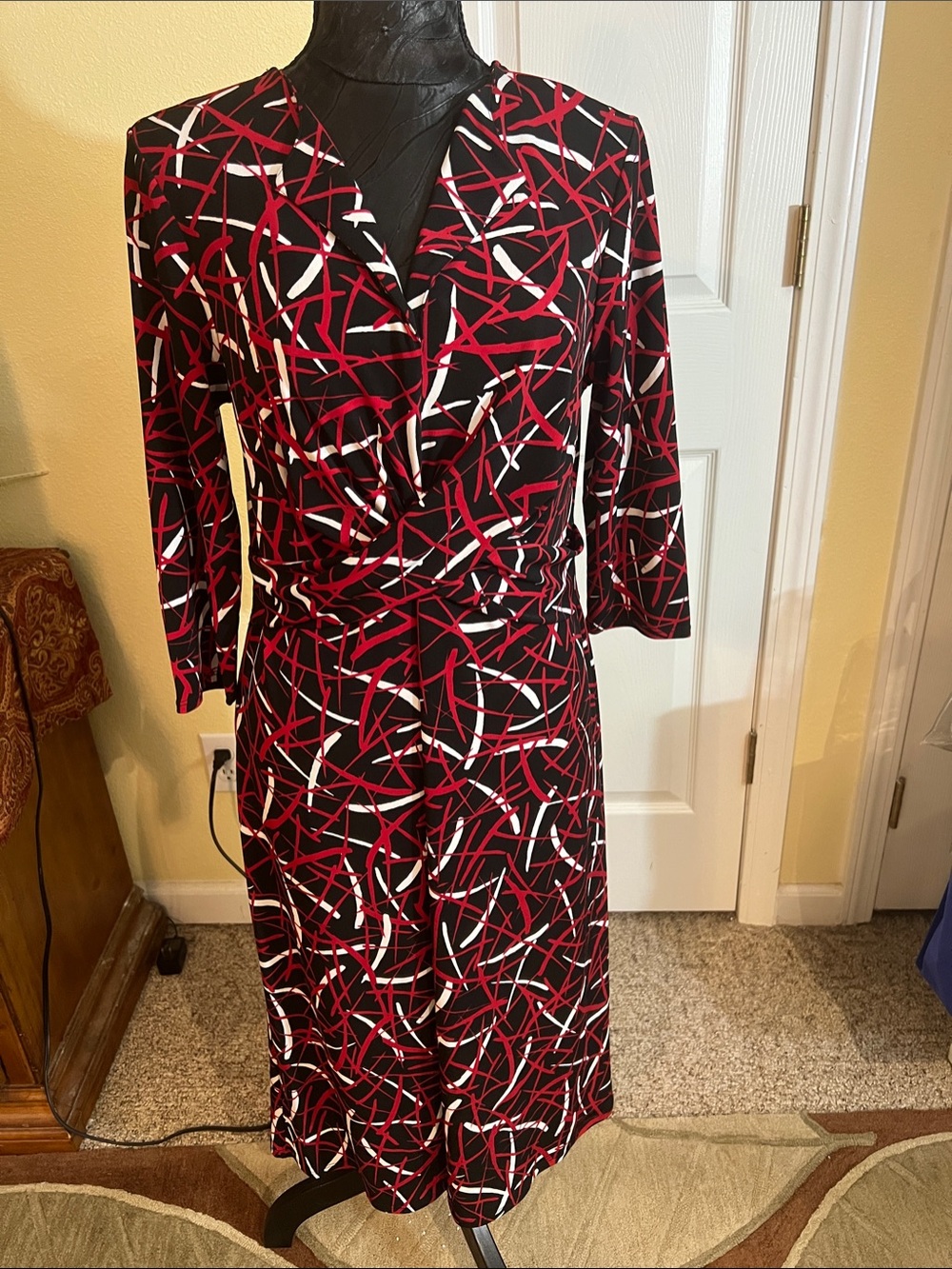 George Black, Red & White Abstract Wrap-Style Midi Dress